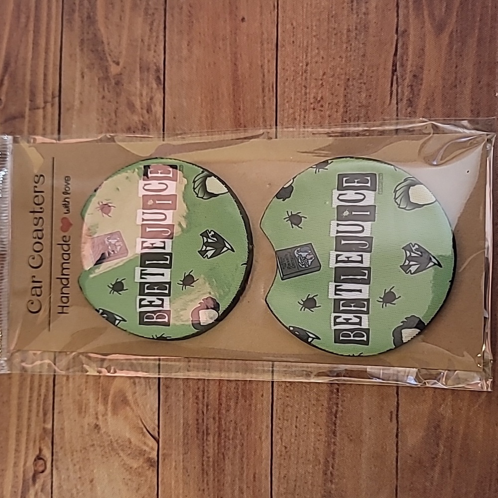 Beetlejuice Handmade Reuseable Neoprene Set of 2 Cup Holder Car Coasters